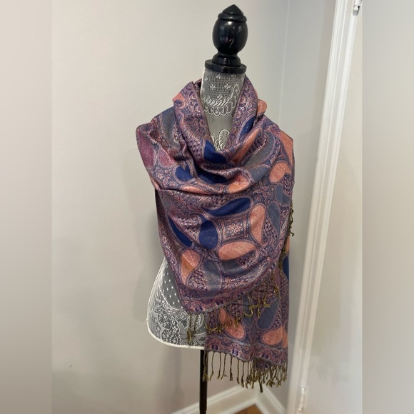 Pashmina Womens OS Paisley silk Purple Blue & Silver Sparkle Scarf w/ Tassels. - Picture 1 of 8
